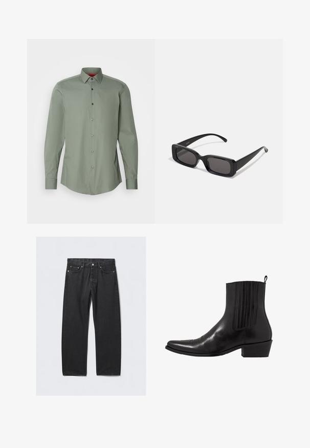 Tummanharmaa kaksirivinen takki villasekoitekankaasta, jossa on avopääntie, kaksi etutaskua ja kuusi nappia. Vuorattu sisus näkyvissä.; Pitkähihainen pusero hillityn vihreänä, kevyestä kankaasta. Sisältää napitettavan kauluksen, harmaat napit ja kaarevan helman.; Mustat denim-farkut suoran lahkeen leikkauksella, joissa on napin sulku, viisi taskua ja kuparinvärisiä yksityiskohtia. Liukas pinta.; Musta nahkasaapas nilkkamalle, jossa on terävä kärki, joustavat sivupaneelit, pystysuorat ompeleet ja matala lohko korko.; Mustat suorakaiteen muotoiset aurinkolasit, joissa tummat linssit, kiiltävä pinta, leveät sangan varret ja massiivinen kehysmuotoilu. Yhden sangansivun kaiverrettu brändinimi.