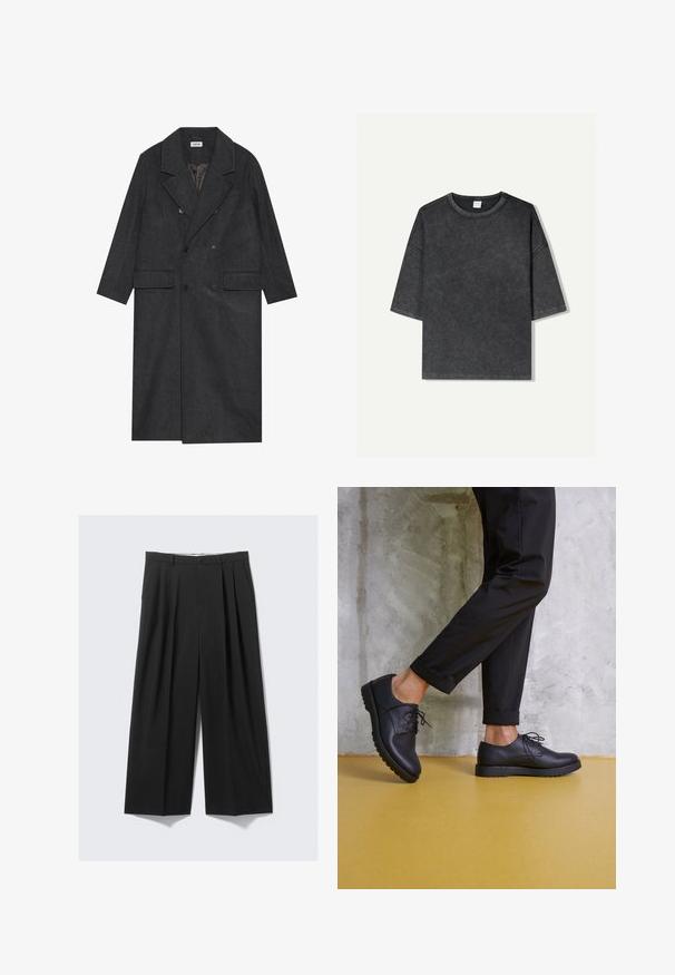 Palton dublu, gri închis, confecționat dintr-o țesătură de lână, cu rever tip notch, două buzunare frontale și șase butoane. Interior căptușit vizibil.; Tricou cu mânecă scurtă supradimensionat, de culoare gri închis, fabricat din bumbac. Are un guler rotund și cusături vizibile de-a lungul marginii.; Pantaloni negri cu picioare largi, cu plisseuri, închidere cu nasture și curea, expuși pe un fundal neutru.; Pantofi din piele neagră, cu șireturi, cu vârf rotund, suprafață texturată și talpă groasă din cauciuc. Purtați cu pantaloni negri răsuciți, pe un fundal de beton.