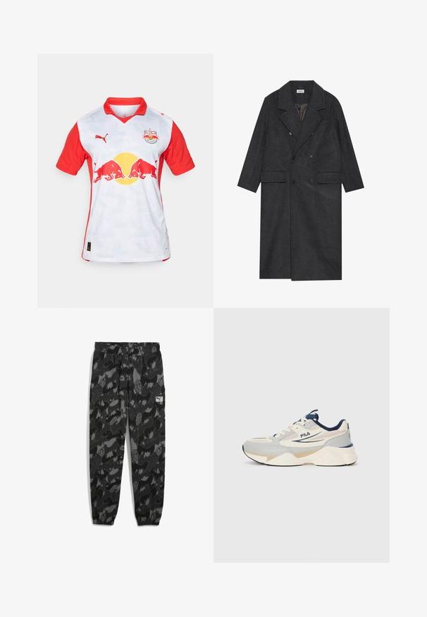 Tmavošedý dvojradový kabát vyrobený z vlnenej zmesi s klopovými chlopňami, dvoma prednými vreckami a šiestimi gombíkmi. Viditeľná podšívka.; Biela futbalová dres s červenými rukávmi, s žltým kruhom a dvoma grafikami červeného býka. Vyrobený z hladkej látky s výstrihom do V.; Čierne a šedé maskáčové joggers s elastickým pásom, obsahujúce rôzne abstraktné tvary a malú štítok s logom na boku.; Sivá teniska so sieťovinovým a koženým zvrškom, námorníckomodré akcenty, hrubá biela podrážka a textúrované detaily. Logo na boku a päte. Dizajn so šnúrkami.