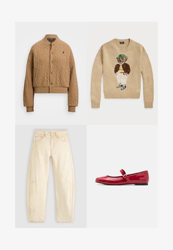 Beige Strickjacke mit Rundhalsausschnitt, Knopfverschluss, geripptem Saum und Bündchen. Verfügt über ein kleines gesticktes Logo auf der Brust.; Beige Strickpullover mit einem gestickten Bärencharakter, der einen grünen Hut, ein gelbes Hemd, eine braune Jacke und helle Hosen mit Turnschuhen trägt.; Beige Denim-Jeans mit einem lockeren Schnitt, hohem Bund, fünf Taschen und subtilen Ausbleichungen. Rohkante an den Knöcheln.; Rote lackierte Mary Jane Ballerinas mit quadratem Zehenbereich, einem Schnallenriemen und einem niedrigen schwarzen Absatz. Glatte Textur und glänzende Oberfläche.