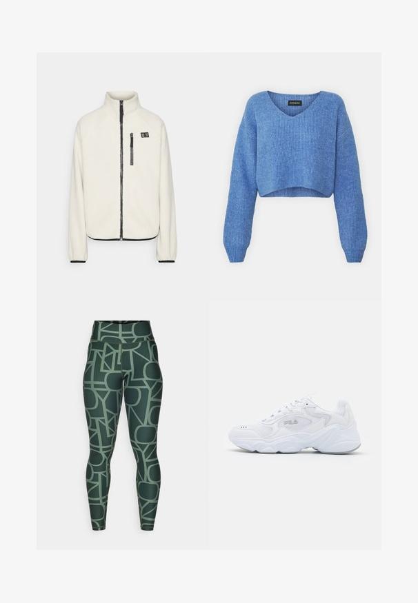 ONLY Play ONPMON - Jakna od flisa - pumice stone; Plavi skraćeni pulover s V-izrezom, rebrastom teksturom i dugim rukavima. Napravljen od mekog materijala. Oznaka: even&odd.; Zelene tajice visoki struk s geometrijskim uzorkom u suptilnim tonovima. Izrađene su od rastezljivog, mekanog materijala s prilagođenim krojem.; Bijela atletska cipela s teksturiranim mrežastim gornjim dijelom, podstavljenim ovratnikom i debelim potplatom. Ima logotip sa strane i vezanje na vezice.