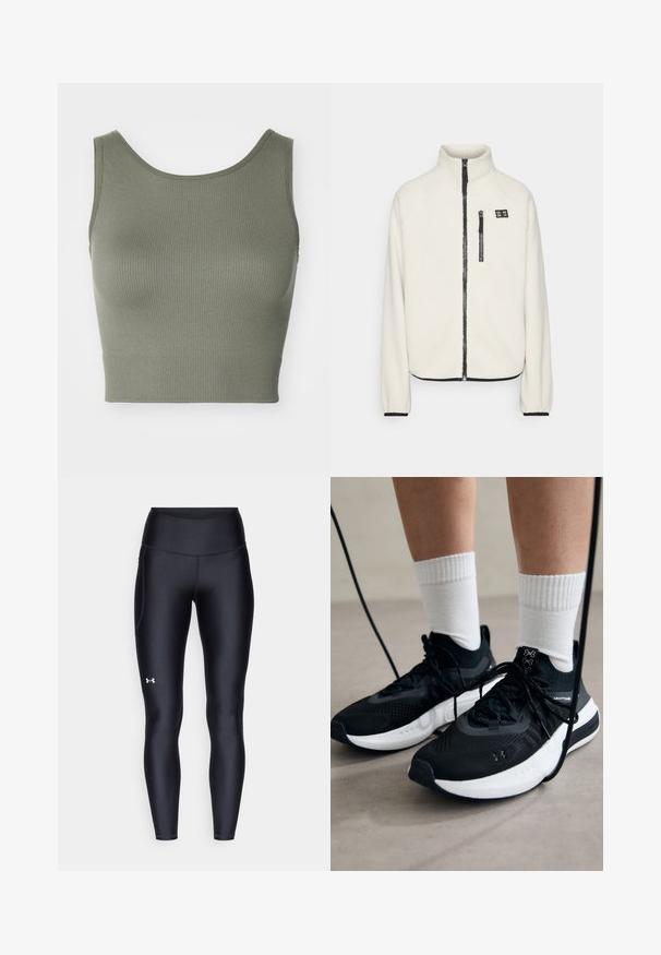 ONLY Play ONPMON - Jakna od flisa - pumice stone; ONLY Play ONPJAIA LIFE SEAM SHORT - Top - kalamata; Crne tajice izrađene od glatkog, rastezljivog materijala s visokim strukom. Imaju bijeli logo na lijevom butu i prilagođen dizajn.; Crne atletske cipele s teksturiranim materijalom, bijelim potplatima i crnim vezicama. Nosene s bijelim rebrastim čarapama, stojeći na svijetloj površini.