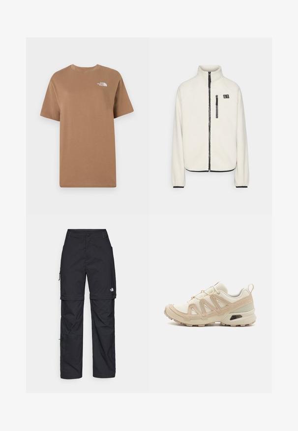 ONLY Play ONPMON - Fleecejakke - pumice stone; Brun bomulds T-shirt med korte ærmer og rund hals. Har et lille hvidt logo på øverste venstre brystområde.; Sorte nylon cargo bukser med lynlås, justerbare manchetter, flere lommer og et logo på højre ben. Glat, let tekstur.; Beige og creme atletiksko med struktureret mesh-overdel, støttende overlays og gummiyderside med et mønster for trækkraft.