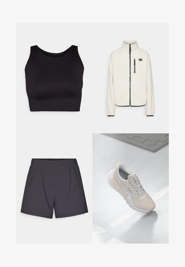 ONLY Play ONPMON - Fleece jacket - pumice stone; Black ribbed crop top with a high neckline and wide armholes, featuring a soft, stretchy fabric for comfort and a seamless design.; Black athletic shorts made of lightweight, stretchy fabric. Features an elastic waistband and a simple, unembellished design.; Light beige athletic shoe with a perforated upper, textured accents, padded collar, and white rubber sole, designed for comfort and breathability.