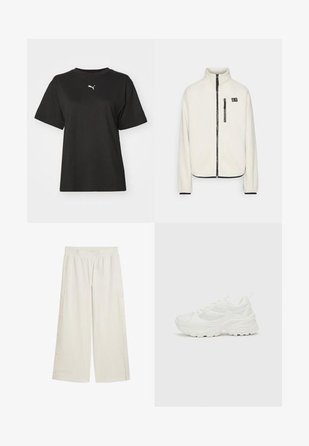 ONLY Play ONPMON - Fleecejacke - pumice stone; Schwarzes Baumwoll-T-Shirt mit Rundhalsausschnitt, kurzen Ärmeln und einem weißen Puma-Logo auf der Brust. Glatte Textur, lässige Passform.; Beigeweiche weite Hose mit elastischem Bund, seitlichen Druckknopfverschlüssen und kleinem Logo auf der Vorderseite. Hergestellt aus einem glatten, leichten Material.; Even&Odd Sneaker low - white