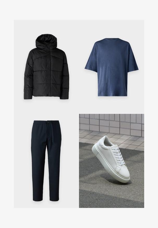 Črna podložena jakna s kapuco, z qultanim dizajnom, z zadrgo spredaj in stranskimi žepi. Mehka, gladka tekstura po vsej jakni.; Temno modra kratka majica s kratkimi rokavi, izdelana iz mehkega materiala, ima klasičen kroj ovratnika in sproščen fit, brez vidnih vzorcev ali poudarkov.; Mornarsko modri hlače s elastičnim pasom in gumbom, narejene iz lahkega materiala, z ravnim krojem in brez vzorcev.; Bela usnjena teniska obutev z gladko površino, okroglo konico in ravnimi belimi vezalkami. Ima teksturiran gumijast podplat in minimalne oblikovalske elemente.