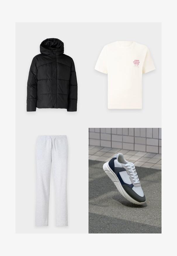 Veste matelassée noire avec capuche, présentant un design en quilt, fermeture éclair sur le devant et poches latérales. Texture douce et lisse sur toute la surface.; T-shirt blanc à manches courtes avec le texte rouge "Édition Originals du Studio" sur la poitrine gauche, présenté sur un fond gris neutre.; Pantalons de survêtement gris en tissu doux, avec une taille élastique et un cordon de serrage, des jambes droites et une texture lisse.; Baskets blanches, bleu marine et grises avec un design en matériaux mélangés, présentant une tige texturée, des lacets plats et une semelle rembourrée.