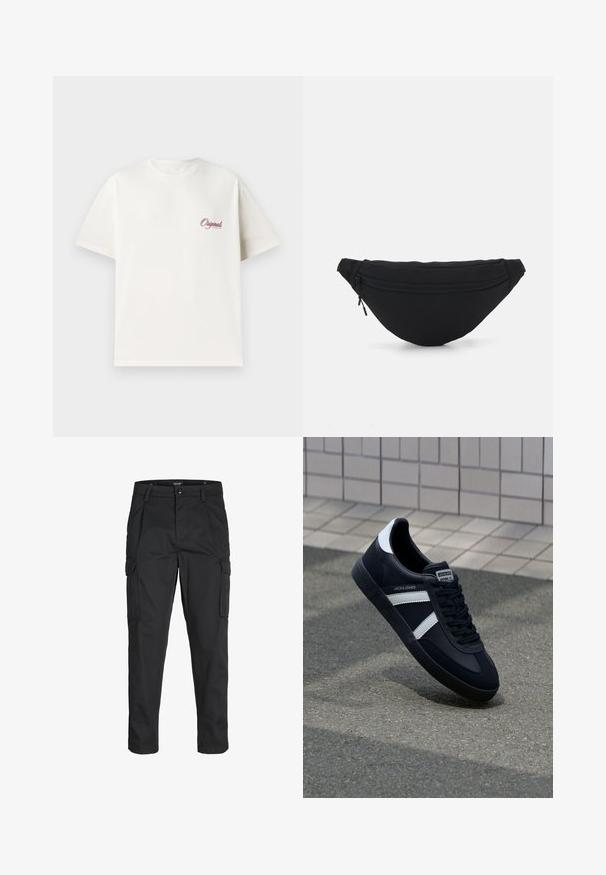 Zwarte gewatteerde jas met een capuchon, voorzien van een gestikte uitstraling, rits aan de voorkant en zijzakken. Zacht, gladde textuur overal.; Witte katoenen t-shirt met korte mouwen, ronde halslijn en een klein rood bedrukt logo op de linkerkant van de borst. Glad van textuur.; Zwarte cargobroek van stevig stof, met meerdere zakken, een knoopsluiting en een slim fit ontwerp met taps toelopende benen.; Zwarte leren sneaker met witte strepen, een gestructureerde rubberen zool en vetersluiting aan de voorkant. Voorzien van een merklabel op de tong.; Zwarte stof heuptas met een afgeronde vorm, voorzak met rits en een gladde textuur. Geen zichtbare patronen of accenten. Lichtgewicht ontwerp.