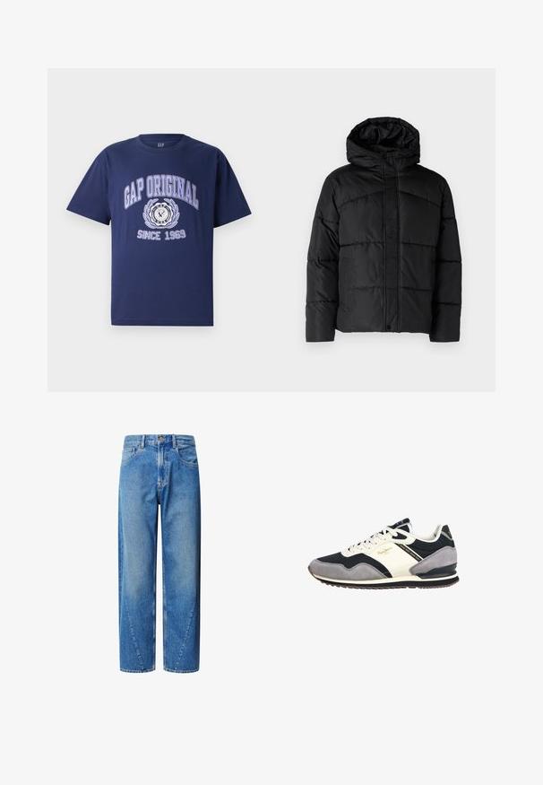 Svart polstret jakke med hette, med en quiltet design, glidelås frontlukking og sidelommer. Myk, glatt tekstur gjennom hele.; Mørkeblå bomull T-skjorte med kortermede ermer, med teksten "GAP ORIGINAL" og grafisk design, sirkulært emblem og "SINCE 1969" nedenfor.; Lyseblå denimbukser med høy midje, vid benpassform og skrå sømmer. Har fem lommer og knappelukking.; Sorte, grå og kremfargede treningssko med overdel i semsket skinn og netting, snøring, polstret krage og gummisåle med brun grep.