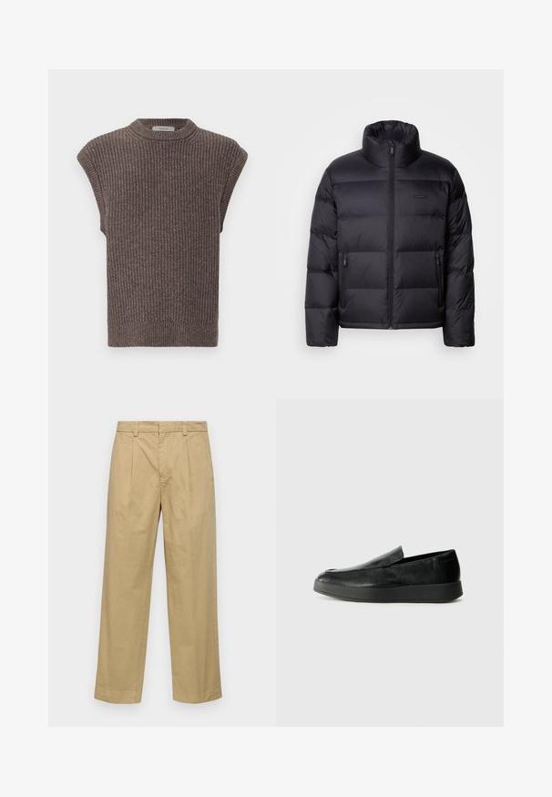 Calvin Klein PUFFER - Casaco de penas - black; Top sem mangas de malha castanho com textura canelada, gola alta e fendas laterais. Apresenta uma bainha ajustada e um tecido suave.; Calças de algodão bege com um design de perna reta, apresentando pregas frontais e bolsos laterais. O tecido tem uma textura suave e macia.; Calvin Klein HYBRID CUP - Sapatos sem atacadores - triple black