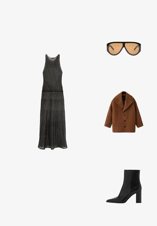 Cappotto di lana marrone con ampio risvolto, maniche lunghe e cinque bottoni frontali. Presenta un design pulito e squadrato con tessuto testurizzato.; Abito nero con strisce verticali, design senza maniche, scollatura rotonda e una gonna fluida che si allarga delicatamente all'orlo.; Stivale alla caviglia in pelle nera con punta affilata, tacco quadrato, texture liscia e dettagli di cucitura lungo le cuciture. I tacchi misurano circa 3,5 pollici.; Occhiali da sole neri oversize con lenti marroni, caratterizzati da una montatura ampia e angolare e bracci diritti. Finitura lucida e liscia, hardware minimal.