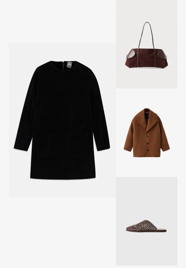 Bruine wollen jas met grote revers, lange mouwen en vijf knopen aan de voorkant. Kenmerkt zich door een strakke, boxy uitstraling en een gestructureerde stof.; Zwarte corduroy jurk met lange mouwen, hoge halslijn en twee voorzakken. Voorzien van een achterrits als sluiting en een gestructureerde stof.; Bruine geweven slider-sandaal met een ronde neus, open ontwerp, platte zool en een textuur. Lichtgewicht materiaal en een minimalistische silhouette.; Bruine suède tas met leren accenten, gestructureerde vorm, dubbele schouderbanden en ronde randen, met een gladde textuur en minimale hardware.