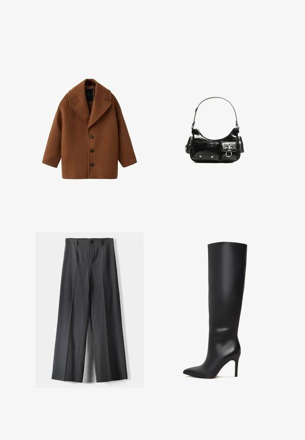Brązowy wełniany płaszcz z dużym kołnierzem, długimi rękawami i pięcioma guzikami z przodu. Posiada czysty, prostokątny fason oraz teksturowany materiał.; Biały sweter w splot warkoczowy z długimi rękawami, okrągłym dekoltem i prążkowaną teksturą. Krótki krój nadaje nowoczesny charakter.; Spodnie o szerokich nogawkach w ciemnoszarym kolorze, z zapięciem na guzik, plisami z przodu i szlufkami na pasek. Gładka faktura z dopasowanym krojem.; Czarne skórzane botki do kolan na szpilkach z wydłużonym noskiem i gładką, elegancką powierzchnią. Posiadają wysoką, smukłą obcas, co zapewnia wydłużoną sylwetkę.; Czarna torebka z lakierowanej skóry o zaokrąglonym kształcie, z jednym paskiem na ramię, przednimi kieszeniami i akcentami w kolorze srebrnym.