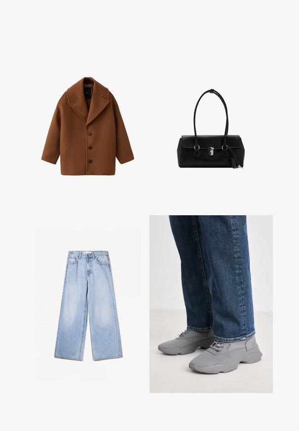 Hnedý vlnený kabát s veľkým golierom, dlhými rukávmi a piatimi prednými gombíkmi. Disponuje čistým, obdĺžnikovým dizajnom a textúrovanou tkaninou.; Námornícky modrý sveter s V-krkom, dlhými rukávmi, rebrovanými manžetami a spodným okrajom. Vyrobený z mäkkej pleteniny, s pohodlným strihom a minimalistickým dizajnom.; Bershka WIDE-LEG - Široké nohavice - light-blue denim; Steve Madden MATCH-E - Tenisky - paloma grey; Čierna kožená kabelka s hladkou textúrou, štruktúrovaným dizajnom, dvojitými uchami a strieborným detailom na zapínaní v strede.