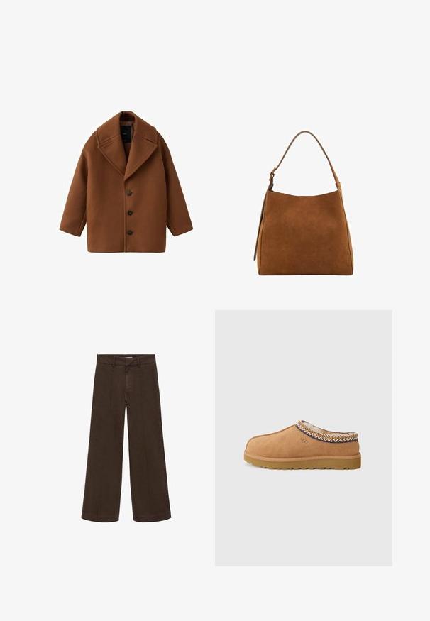Brun uldfrakke med stor krave, lange ærmer og fem knapper foran. Har et rent, firkantet design og struktureret stof.; Brun ribbet striktrøje med rund halsudskæring og lange ærmer, som har struktureret stof og en tætsiddende silhuet.; Brune brede bukser lavet af bomuldsstof. Har en høj talje, lynlås foran og diskret sømdetalje fortil. Ingen synlige lommer.; Tan ruskinds slip-on sko med et tekstureret uldfor og dekorativ etnisk-inspireret stitching rundt om kraven. Har gummisål.; Brun ruskinds skuldertaske med en buet top, enkelt strop og glat tekstur. Har et minimalistisk design og rene linjer.
