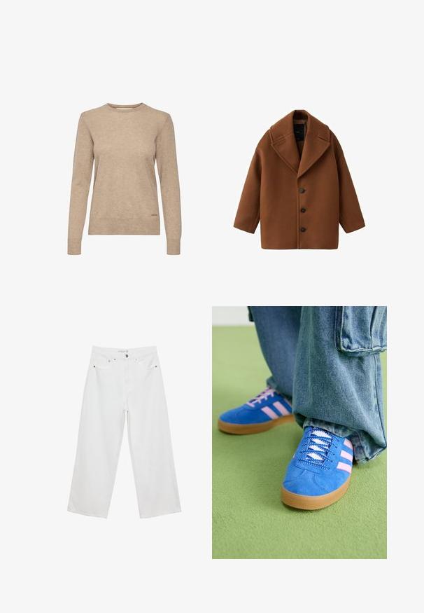 Brun uldfrakke med stor krave, lange ærmer og fem knapper foran. Har et rent, firkantet design og struktureret stof.; Beige langærmet sweater med rund hals, lavet af blødt, struktureret stof, med en diskret logo-detalje nær sømmen.; Hvide bukser med bred benvidde lavet af denim med høj talje, der har fem lommer og metalhardware. Glat tekstur, uden synlige mønstre.; Blå ruskindsko med pink striber og hvide snørebånd, med en sål af gummi, parret med løse denimbukser på en grøn overflade.