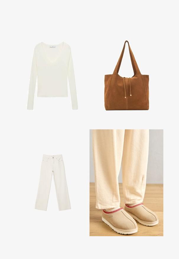 Brauner Wollmantel mit großem Revers, langen Ärmeln und fünf vorderen Knöpfen. Verfügt über ein sauberes, kastiges Design und einen strukturierten Stoff.; Weißes Langarmoberteil mit tiefem V-Ausschnitt, geripptem Textur an den Schultern und taillierter Passform. Etikett am Ausschnitt sichtbar.; Weiße lässige Jeans aus Denim mit hochgeschnittenem Bund, Fronttaschen und Knopfverschluss. Schlichtes Design mit minimalen Akzenten.; Beige Wildlederschuhe mit rotem dekorativem Rand und weißer Gummisohle, kombiniert mit hellbeigen Hosen, auf einem Holzboden.; Braune Wildleder-Tasche mit zwei langen Trägern, Zugverschluss und minimalistischem Design. Glatte Textur und keine sichtbaren Hardware-Details.