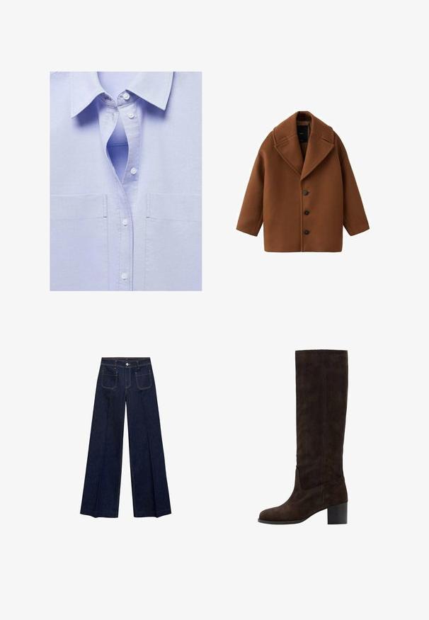 Brown wool coat with large lapel, long sleeves, and five front buttons. Features a clean, boxy design and textured fabric.; Mango Button-down blouse - light blue; Wide-leg dark blue denim jeans with a high waist, featuring front and back pockets, contrasting stitching, and a button closure.; Brown suede knee-high boot with a square toe and block heel. Smooth texture and minimal stitching detail on the outer side.
