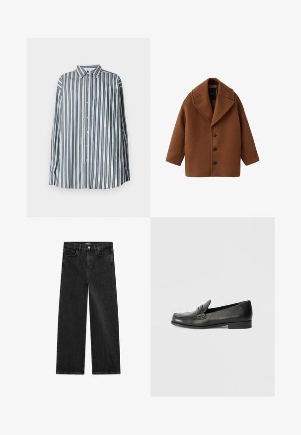 Brązowy wełniany płaszcz z dużym kołnierzem, długimi rękawami i pięcioma guzikami z przodu. Posiada czysty, prostokątny fason oraz teksturowany materiał.; Koszula w paski w kolorze zielonym, białym i szarym. Posiada długie rękawy, klasyczny kołnierzyk i luźny krój. Wykonana z lekkiego materiału.; Szerokie czarne dżinsy z subtelnym wzorem w pionowe paski, z pięcioma kieszeniami oraz klasycznym zapięciem na guzik w talii.; Czarne skórzane loafersy z zaokrąglonym noskiem, podniesionymi detalami szycia i niskim, warstwowym obcasem. Gładka tekstura z subtelnym blaskiem.