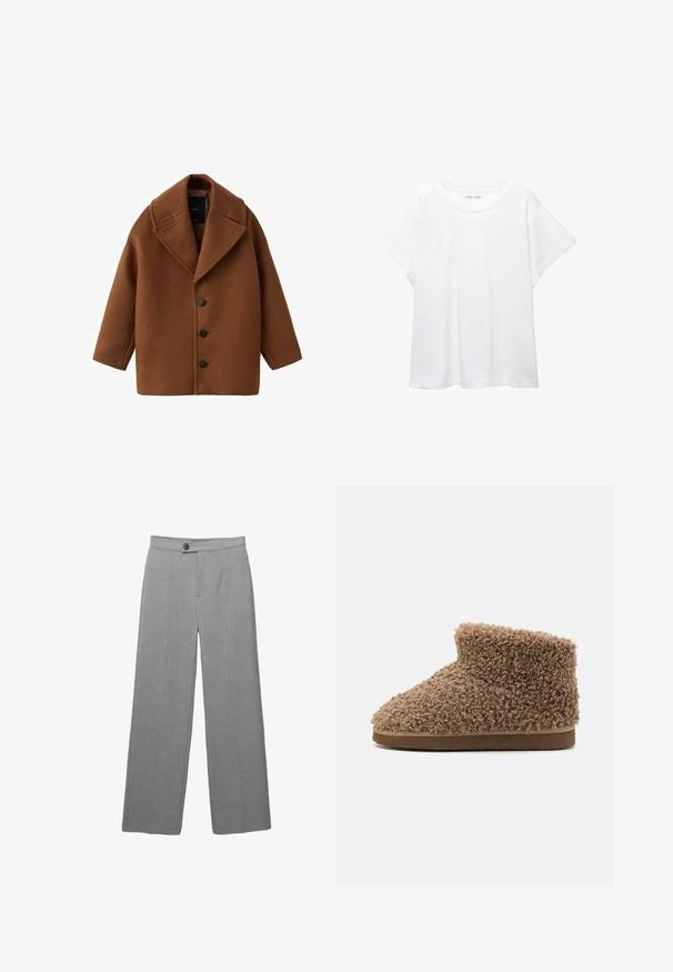 Brązowy wełniany płaszcz z dużym kołnierzem, długimi rękawami i pięcioma guzikami z przodu. Posiada czysty, prostokątny fason oraz teksturowany materiał.; Biała koszulka wykonana z miękkiej, lekkiej tkaniny. Posiada okrągły dekolt oraz krótkie, szerokie rękawy, zapewniające luźny krój. Brak widocznych wzorów.; Szare dopasowane spodnie o szerokich nogawkach, z płaskim przodem i subtelnie chropowatą fakturą. Posiadają pojedyncze zapięcie na guzik oraz czyste linie.; Brązowy, puszysty kapcie o miękkiej, kręconej fakturze, niskiej wysokości kostki i zaokrąglonym nosku, z płaską, kontrastującą podeszwą.