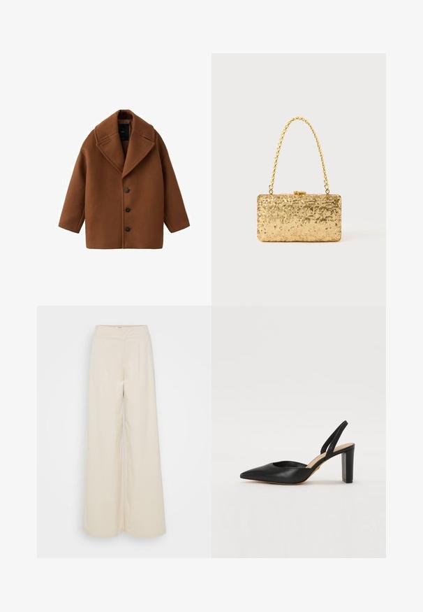 Hnedý vlnený kabát s veľkým golierom, dlhými rukávmi a piatimi prednými gombíkmi. Disponuje čistým, obdĺžnikovým dizajnom a textúrovanou tkaninou.; Biele bavlnené tričko s krátkymi rukávmi, okrúhlym výstrihom, priliehavým strihom a hladkou textúrou. Logo nášivka na výstrihu.; Bežové nohavice s širokými nohavicami a vysokým pásom, s dvomi prednými záhybmi a hladkou textúrou. Vyrobené z ľahkej, priedušnej tkaniny.; Čierne kožené slingback lodičky s špicatou špičkou, otvoreným vampom a blokovým podpätkom. Hladká textúra s minimálnymi akcentmi a klasickými dizajnovými prvkami.; Zlatá flitrová listová taška s obdĺžnikovým tvarom, vybavená skrúteným reťazovým držadlom a kovovým uzatváraním, odrážajúca svetlo s textúrovaným povrchom.