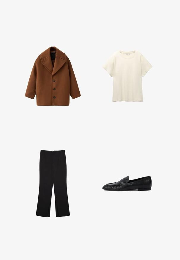 Hnedý vlnený kabát s veľkým golierom, dlhými rukávmi a piatimi prednými gombíkmi. Disponuje čistým, obdĺžnikovým dizajnom a textúrovanou tkaninou.; Svetlo béžové tričko s krátkym rukávom a okrúhlym výstrihom, vyrobené z jemnej, hladkej tkaniny. Má voľný strih a rovný lem.; Čierne nohavice so strihom rovného strihu, s prednými vreckami a bočnými rozparkami na leme. Vyrobené z mäkkej, hladkej tkaniny. Vhodné na rôzne príležitosti.; Čierne kožené poltopánky s okrúhlym špičkou, so šitím na prednej strane a plochou podrážkou. Minimalistický dizajn s nenápadným logom.