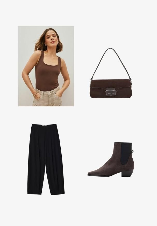 Brązowy wełniany płaszcz z dużym kołnierzem, długimi rękawami i pięcioma guzikami z przodu. Posiada czysty, prostokątny fason oraz teksturowany materiał.; Brązowy bezrękawnik z kwadratowym dekoltem, wykonany z gładkiego materiału, w połączeniu z jasnobeżowymi spodniami z wysokim stanem. Prosty design.; Czarne szerokie spodnie wykonane z lekkiego materiału, z plisami z przodu, klasycznym paskiem w talii i kieszeniami bocznymi. Gładka tekstura.; Ciemnoszare zamszowe botki za kostkę z wąskim noskiem, elastycznymi bocznymi panelami i małym obcasem typu klocek. Wyposażone w pętelkę z tyłu.; Brązowa torebka zamszowa z długim skórzanym paskiem, srebrnymi akcentami, prostokątnym kształtem i płaską klapą z centralnym ozdobnym elementem.