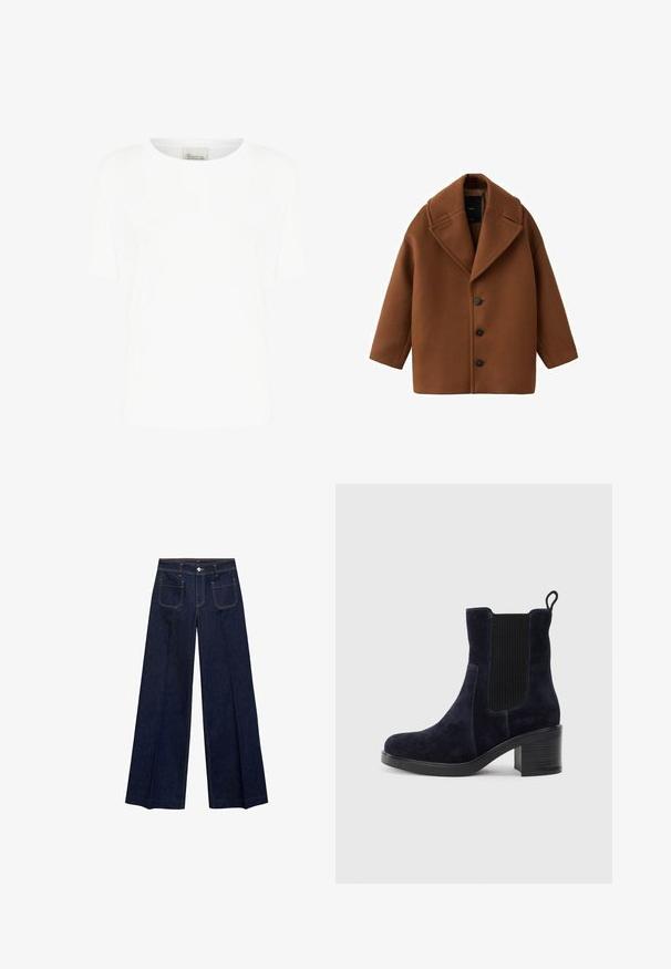 Palton din lână maro, cu rever mare, mâneci lungi și cinci nasturi frontali. Are un design curat, pătrățos și un material texturat.; Tricou alb cu mânecă scurtă, fabricat din bumbac moale, cu un guler rotund și o croială lejeră, fără modele sau accente vizibile.; Jeans de denim bine închis, cu croiala largă și talie înaltă, având buzunare în față și în spate, cusături contrastante și închidere cu nasture.; Botine din suede de culoare bleumarin, cu panou elastic pe lateral, vârf rotunjit și toc pătrat. Materialul texturat și talpa netedă oferă un contrast.
