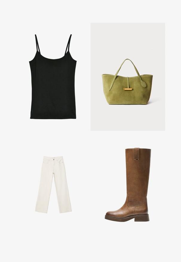 Ruskea villakangastakki, jossa on suuri kaulus, pitkät hihat ja viisi etupainiketta. Ominaisuuksiin kuuluu siisti, laatikkomainen muotoilu ja teksturoitu kangas.; Musta toppi, valmistettu pehmeästä kankaasta, jossa on ohut säätökaulus, pyöreä pääntie ja sileä pinta. Ei kuvioita tai korosteita.; Valkoiset leveälahkeiset farkut, joissa on korkea vyötärö, etutaskut ja nappihytti. Puhtaan muotoilun minimalistisilla yksityiskohdilla.; Kahvipronssinen polvipituinen saapas, jossa on pyöristetty kärki, teksturoitu pinta ja matala pinoheijastin. Varressa on sivupaneeli ja vetotappi ylhäällä.; Vihreä mokkabeisari, jossa on jämäkkä muoto, pitkät kahvat ja kultainen yksityiskohta. Sujuva pinta, minimalistinen muotoilu, ei näkyvää metalliosaa.