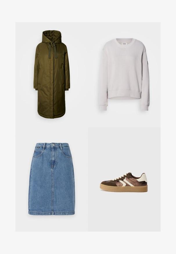 Oliivinvihreä, pehmeä pitkä takki, jossa on tilava huppu, kiristysnauhat ja kaksi sivutaskua. Sujuva kangas, suora leikkaus ja pyöristetty helma.; Väike hall sweatshirt, millel on ümmargune kaelus, pikad varrukad, soonikkoes mansetid ja kergelt lühendatud hem. Esipaneelil on peened õmblused.; Vaaleansininen farkkuhame suoran leikkauksen muotoilulla, jossa on viisi taskua, vyölenkit ja etupainike suljenta, sekä näkyvät ompeluyksityiskohdat.; Ruskeat ja kermaiset tennarit, joissa on mokkanahka- ja satiinimateriaaleja, kolmena vinona nauhana ja teksturoitu kumipohja.