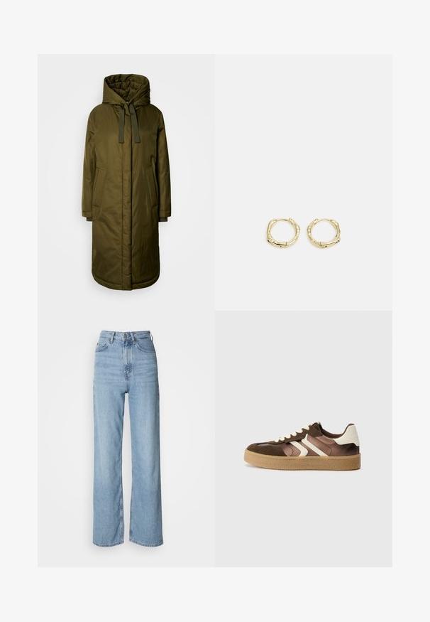 Olivgrön, vadderad lång jacka med en rymlig huva, dragsko och två sidofickor. Slät textur, rak skärning och rundad nederdel.; Svart ribbad stickad tröja med rundad halsringning och långa ärmar. Har en lös passform och texturerad yta. Märke: Mare O'Polo.; Ljust blå högmidjade jeans med rak ben, tillverkade av denim, med en framknäppning och subtila blekningar.; Bruna och krämfärgade sneakers med en kombination av mocka och satinmaterial, med tre diagonala ränder och en texturerad gummisula.; Guldörhängen i form av ringar med en texturerad, oregelbunden form. Har en sömlös stängning och en polerad yta som betonar en modern design.