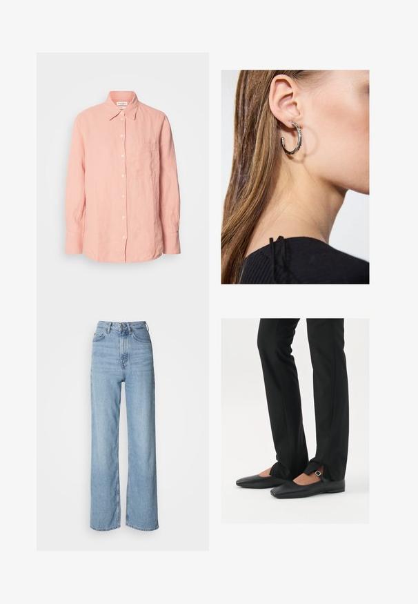 Cappotto lungo imbottito verde oliva con cappuccio ampio, cordoncini e due tasche laterali. Tessuto liscio, taglio dritto e orlo arrotondato.; Camicia di lino rosa chiaro con colletto, bottone frontale, maniche lunghe e tasca sul lato sinistro. Tessuto strutturato con vestibilità casual.; Jeans blu chiaro a vita alta con gamba dritta, realizzati in denim, dotati di chiusura frontale con bottone e dettagli di sfumatura leggera.; Ballerine in pelle nera con punta appuntita, cinturino con fibbia in argento, abbinate a pantaloni neri su misura con orlo a spacco.; Orecchino a cerchio in argento con finitura lucida, caratterizzato da piccoli dettagli in oro e una forma tondeggiante, indossato sul lobo.