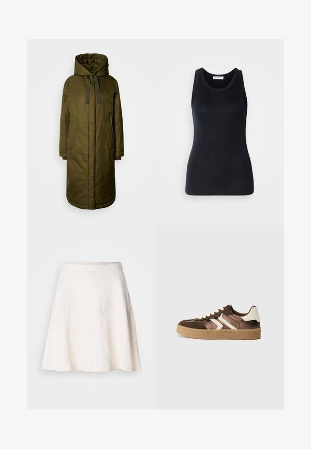 Abrigo largo acolchado de color verde oliva, con capucha amplia, cordones y dos bolsillos laterales. Textura suave, corte recto y dobladillo redondeado.; Top negro sin mangas hecho de tela suave y elástica. Presenta un escote redondo y tirantes anchos, con una silueta ajustada y una textura suave.; Falda blanca de lino con un diseño A-line fluido. Cuenta con una cintura lisa y una textura ligera con sutiles arrugas.; Zapatillas marrones y crema con una combinación de materiales de ante y satén, que presentan tres rayas diagonales y una suela de goma texturizada.