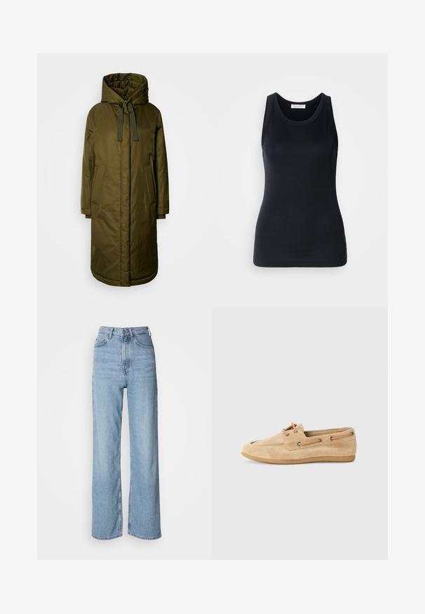 Oliiviroheline, polsterdatud pikk mantel avara kapuutsiga, reguleeritavate nööridega ja kahe küljetaskuga. Sile tekstuur, sirge lõige ja ümar äär.; Musta tanktop, mis on valmistatud pehmest ja venivast materjalist. Omab ümmargust kaelust ja laiu õlapaelu, ning sellel on voolav siluett ja sile tekstuur.; Heledad sinise värvi kõrge vöökoht, sirge säärega teksad, valmistatud denimist, esipoolne nööpkinni ja kerged pleekimise detailid.; Beežist sule naha king, millel on ümar varvas, lame kummist tald ja nööpimise detail. Sellel on pruuni naha aktsendid ja tikandid ääres.