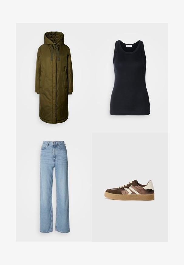 Olivno zelena, podložena dolga bunda s prostorno kapuco, vrvico in dvema stranskima žepoma. Gladka tekstura, raven kroj in zaobljen rob.; Črn top brez rokavov, izdelan iz mehkega, raztegljivega materiala. Ima okrogel ovratnik in široke naramnice, s prilagojeno silhueto in gladko teksturo.; Svijetloplave traperice viskog struka s ravnim nogavicama, izrađene od denima, s prednjim kopčanjem na gumb i suptilnim detaljima izblijeđivanja.; Rjave in kremne športne copate iz kombinacije semiša in satena, s tremi diagonalnimi črtami in teksturirano gumijasto podplatom.