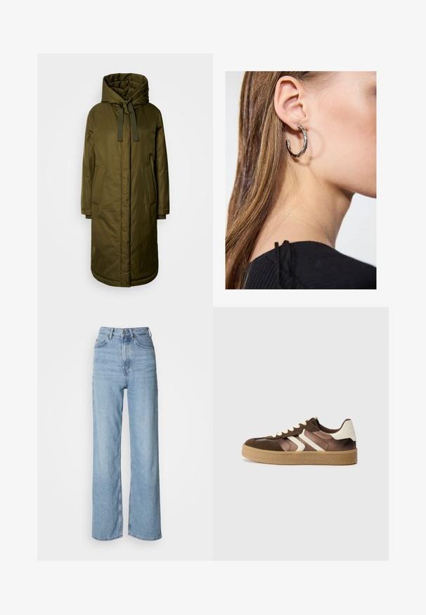 Olivgrüner, gepolsterter langer Mantel mit einer geräumigen Kapuze, Zugband und zwei Seitentaschen. Glatte Textur, gerader Schnitt und abgerundeter Saum.; Schwarzes Tanktop aus weichem, dehnbarem Stoff. Mit Rundhalsausschnitt und breiten Trägern, tailliert geschnitten und mit glatter Oberfläche.; Hellblaue hochgeschnittene Jeans mit geradem Bein, aus Denim gefertigt, mit einem Frontknopfverschluss und dezenten Verblassungen.; Braune und cremefarbene Sneakers aus einer Kombination von Wildleder und Satin, mit drei diagonalen Streifen und einer strukturierten Gummisohle.; Silberne Creolen mit polierter Oberfläche, die kleine goldene Akzentdetails und eine runde Form aufweisen, am Ohrläppchen getragen.