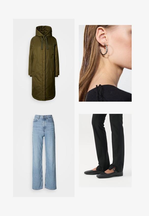 Maslinaste zelena, podstavljena dugačka jakna sa širokom kapuljačom, vezicama i dva bočna džepa. Glatka tekstura, ravnog kroja i zaobljenim rubovima.; Crna majica bez rukava od mekog, rastezljivog materijala. Ima okrugli izrez i široke naramenice, s prilagođenim krojem i glatkom teksturom.; Svijetloplave traperice visokog struka sa ravnim nogavicama, izrađene od denima, s prednjim kopčanjem na dugme i suptilnim detaljima izblijeđenosti.; Crne kožne balerinke s uskim vrhom, trakica sa srebrnom kopčom, u kombinaciji s crnim krojenim hlačama s otvorenim rubom.; Srebrna kružna naušnica s poliranim završetkom, koja ima male zlatne detalje i okrugli oblik, nošena na uhu.