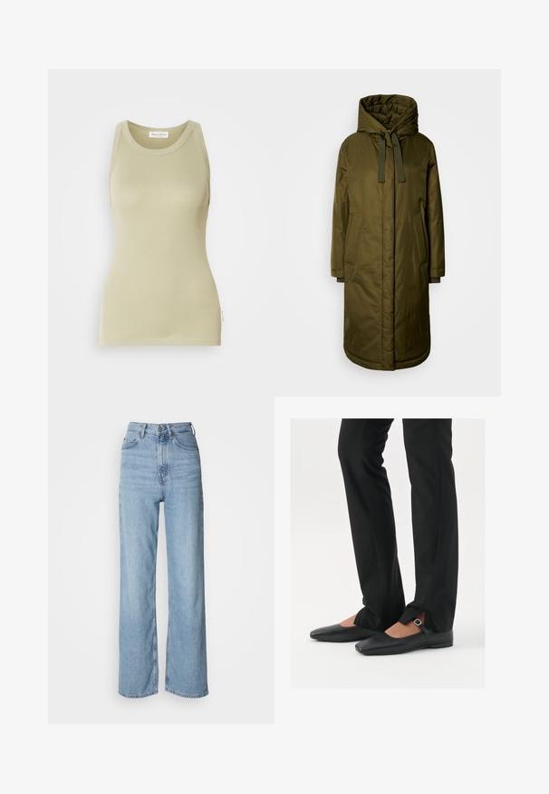 Olivno zelena, podložena dolga bunda s prostorno kapuco, vrvico in dvema stranskima žepoma. Gladka tekstura, raven kroj in zaobljen rob.; Svetlo olivno zeleni top brez rokavov, izdelan iz mehkega materiala. Ima zaobljen vratni izrez in brezrokavni dizajn z urejenim zaključkom.; Svijetloplave traperice viskog struka s ravnim nogavicama, izrađene od denima, s prednjim kopčanjem na gumb i suptilnim detaljima izblijeđivanja.; Črne usnjene balerinke s koničastim nosom, trak z srebrno zaponko, v kombinaciji s črnimi elegantnimi hlačami z razporkom na robu.