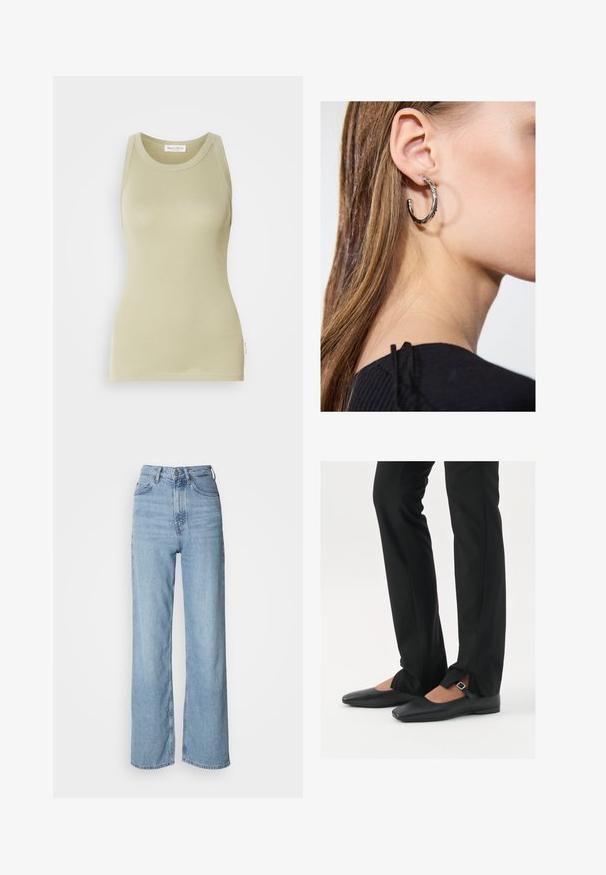 Abrigo largo acolchado de color verde oliva, con capucha amplia, cordones y dos bolsillos laterales. Textura suave, corte recto y dobladillo redondeado.; Top de tirantes verde oliva claro hecho de una tela suave. Cuenta con un escote redondeado y un diseño sin mangas con un acabado limpio.; Vaqueros de tiro alto de color azul claro con pernera recta, hechos de denim, que presentan un cierre frontal con botón y detalles de desgaste sutil.; Bailarinas de cuero negro con punta afilada, correa con hebilla de plata, combinadas con pantalones negros ajustados que presentan un dobladillo con abertura.; Pendiente de aro de plata con un acabado pulido, que presenta pequeños detalles en dorado y una forma redonda, llevado en el lóbulo.