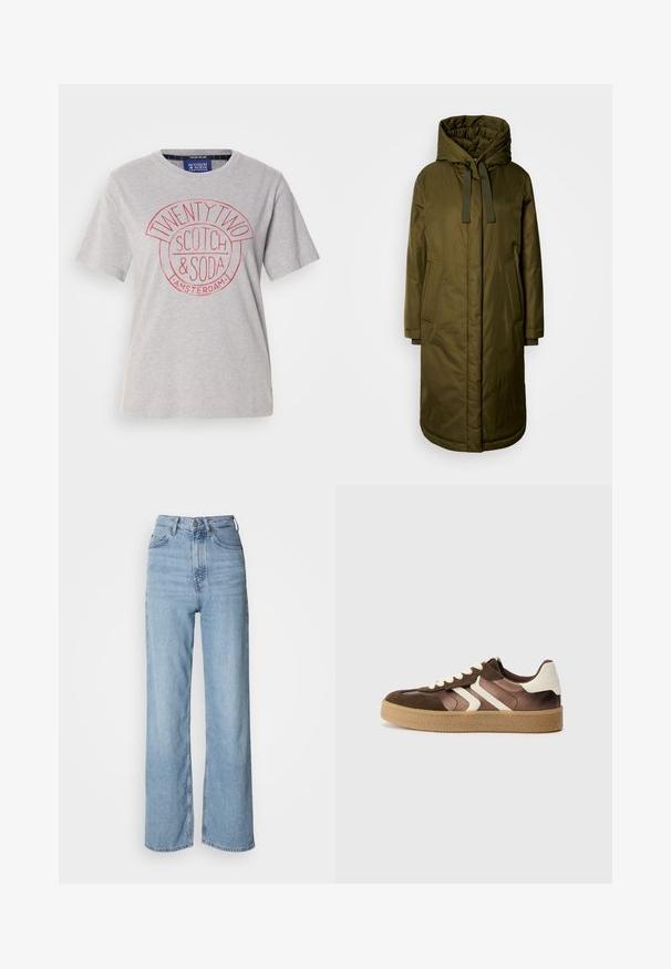 Manteau long en vert olive, rembourré, avec une capuche spacieuse, des cordons de serrage et deux poches latérales. Texture lisse, coupe droite et ourlet arrondi.; T-shirt en coton gris clair avec un col rond, des manches courtes et un imprimé graphique rouge portant la mention "TWENTY TWO SCOTCH & SODA AMSTERDAM."; Jean taille haute bleu clair avec une jambe droite, en denim, présentant une fermeture à bouton sur le devant et des détails de décoloration subtils.; Baskets marron et crème en combinaison de daim et de satin, avec trois bandes diagonales et une semelle en gomme texturée.