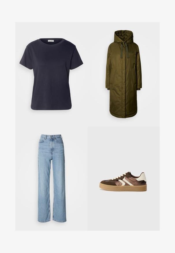 Olivengrøn, polstret lang frakke med en rummelig hætte, snoretræk og to sidelommer. Glat tekstur, lige snit og afrundet kant.; Marineblå bomulds-T-shirt med rund halsudskæring, korte ærmer og en afslappet pasform. Glat tekstur og minimalistisk design, ingen synlige mønstre.; Lyseblå højtskårne jeans med lige ben, lavet af denim, med frontknaplukning og diskrete falmede detaljer.; Brune og creme sneakers med en kombination af ruskind og satin materialer, der har tre diagonale striber og en struktureret gummisål.