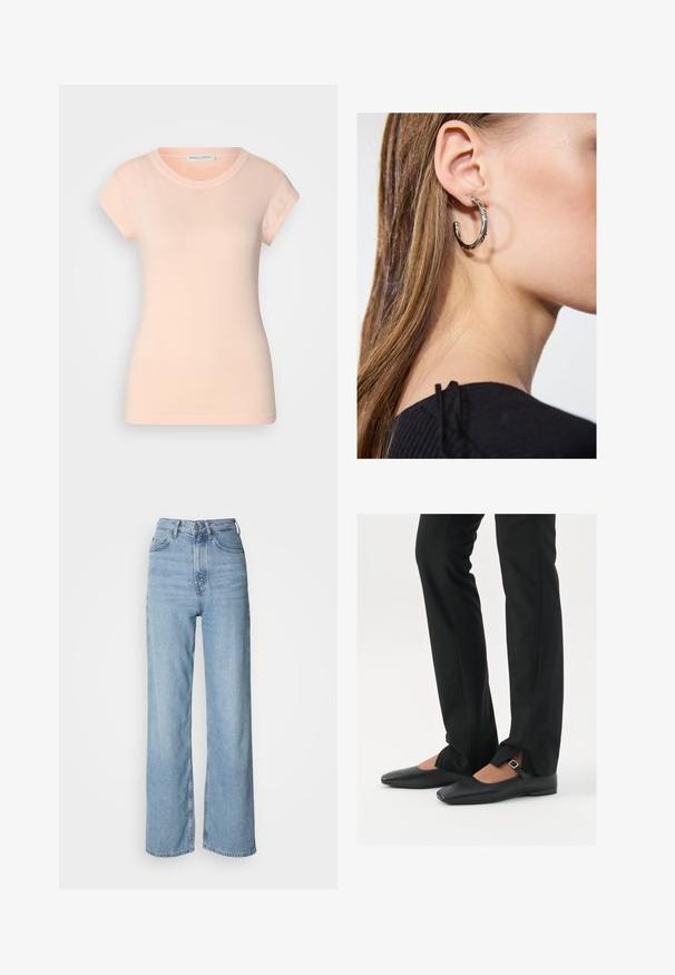 Olívazöld, párnázott, hosszú kabát tágas kapucnival, húzózsinórokkal és két oldalsó zsebbel. Sima textúra, egyenes szabás, lekerekített alsó rész.; Világos rózsaszín pamut póló rövid ujjal, kerek nyakkivágással és testhezálló fazonnal. Simább textúrájú, nincs látható minta vagy díszítés.; Világoskék, magas derekú, egyenes szárú farmernadrág, elülső gombos záródással és finom kopásmintázattal.; Fekete bőr balettcipők hegyes orral, ezüst csattal ellátott pánttal, fekete szabott nadrággal, amelynek hasított szegélye van.; Ez egy ezüst fülbevaló, sima felülettel, amelyen apró arany díszítőelemek találhatók. Kerek formájú és a fülcimpán viselik.