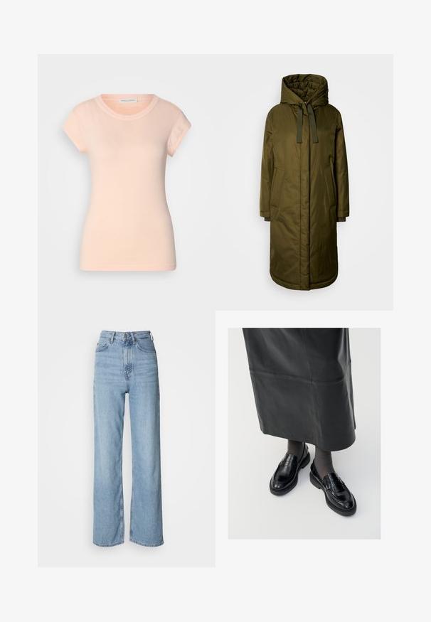 Olivovo zelený, polstrovaný dlhý kabát s priestrannou kapucňou, sťahovacími šnúrkami a dvoma bočnými vreckami. Hladký textúr, rovný strih a zaoblený lem.; Svetloružová bavlnená tričko s krátkymi rukávmi, okrúhlym výstrihom a priliehavým strihom. Hladká textúra, žiadne viditeľné vzory ani ozdoby.; Svetlo modré vysoko pásové džínsy s rovnými nohavicami, vyrobené z denimu, s predným zapínaním na gombíky a jemnými vyblednutými detailmi.; Čierne kožené poltopánky s hladkým povrchom, s dekoratívnym pásikom, okrúhlou špičkou a textúrovanou podrážkou. Nosené s dlhou čiernou koženou sukňou.