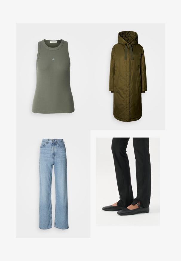 Maslinaste zelena, podstavljena dugačka jakna sa širokom kapuljačom, vezicama i dva bočna džepa. Glatka tekstura, ravnog kroja i zaobljenim rubovima.; Rebrasti, bezrukavni majica u maslinasto zelenoj boji s okruglim izrezom. Sadrži mali plavi logo "&" na prednjoj strani. Mekani, rastezljivi materijal.; Svijetloplave traperice visokog struka sa ravnim nogavicama, izrađene od denima, s prednjim kopčanjem na dugme i suptilnim detaljima izblijeđenosti.; Crne kožne balerinke s uskim vrhom, trakica sa srebrnom kopčom, u kombinaciji s crnim krojenim hlačama s otvorenim rubom.