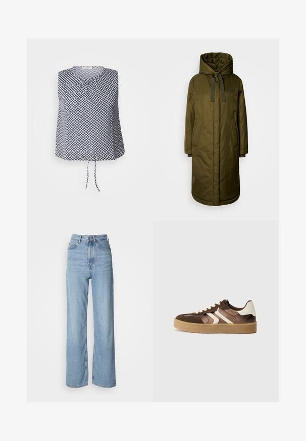 Maslinaste zelena, podstavljena dugačka jakna sa širokom kapuljačom, vezicama i dva bočna džepa. Glatka tekstura, ravnog kroja i zaobljenim rubovima.; Majica bez rukava u mornarsko plavoj i bijeloj boji, s geometrijskim uzorkom zvijezda, okruglim izrezom i detaljem vezivanja na rubu. Mekani, lagani materijal.; Svijetloplave traperice visokog struka sa ravnim nogavicama, izrađene od denima, s prednjim kopčanjem na dugme i suptilnim detaljima izblijeđenosti.; Smešani smeđi i kremasti tenisice od kombinacije zamširane i satenske tkanine, s tri dijagonalne pruge i teksturiranom gumenom potplatom.