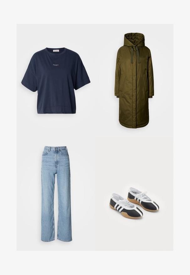 Olijf groene, gevoerde lange jas met een ruime capuchon, trekkoorden en twee zakken aan de zijkant. Gladde textuur, rechte snit en ronde zoom.; Marineblauw, korte mouwen t-shirt van zacht katoen. Heeft een ronde hals en een klein logo gedrukt op de borst. Casual pasvorm.; Lichtblauwe high-waisted jeans met een rechte pijp, gemaakt van denim, met een sluiting aan de voorkant met knopen en subtiele vervagingdetails.; Zwart-witte sport schoenen met een slank ontwerp, rubberen zool, vetersluiting en drie witte strepen aan de zijkanten.