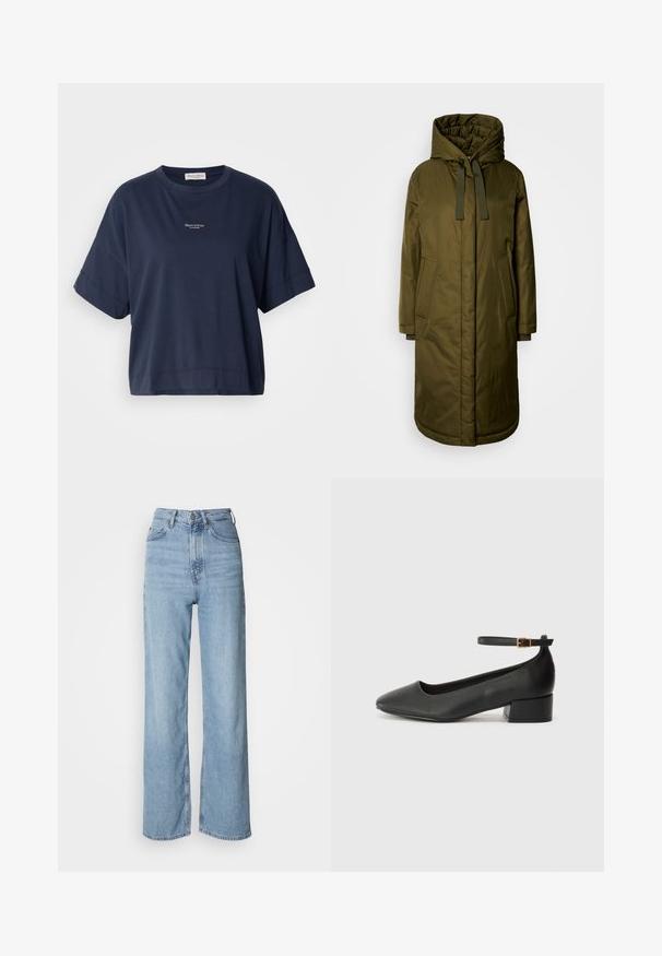 Olivovo zelený, polstrovaný dlhý kabát s priestrannou kapucňou, sťahovacími šnúrkami a dvoma bočnými vreckami. Hladký textúr, rovný strih a zaoblený lem.; Námornícky modré tričko s krátkym rukávom vyrobené z mäkkého bavlneného materiálu. Má okrúhly výstrih a malé logo potlačené na hrudi. Pohodlný strih.; Svetlo modré vysoko pásové džínsy s rovnými nohavicami, vyrobené z denimu, s predným zapínaním na gombíky a jemnými vyblednutými detailmi.; Čierne kožené lodičky s špicatou špičkou a nízkym blokovým podpätkom. Obsahuje remienok okolo členka so zlatým prackou. Hladký povrch.