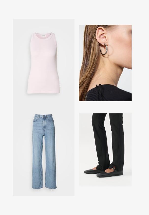 Olivovo zelený, polstrovaný dlhý kabát s priestrannou kapucňou, sťahovacími šnúrkami a dvoma bočnými vreckami. Hladký textúr, rovný strih a zaoblený lem.; Svetloružový bezrukávový top vyrobený z mäkkej bavlnenej látky. Má okrúhly výstrih a priliehavý strih s etikettou na bočnom šve.; Svetlo modré vysoko pásové džínsy s rovnými nohavicami, vyrobené z denimu, s predným zapínaním na gombíky a jemnými vyblednutými detailmi.; Čierne kožené baletky s špicatou špičkou, remienkom so striebornou prackou, skombinované s čiernymi strihovými nohavicami so rozparkom na leme.; Strieborná kruhová náušnica s lesklým povrchom, obsahujúca malé zlaté akcenty a okrúhly tvar, nosená na lalôčiku ucha.