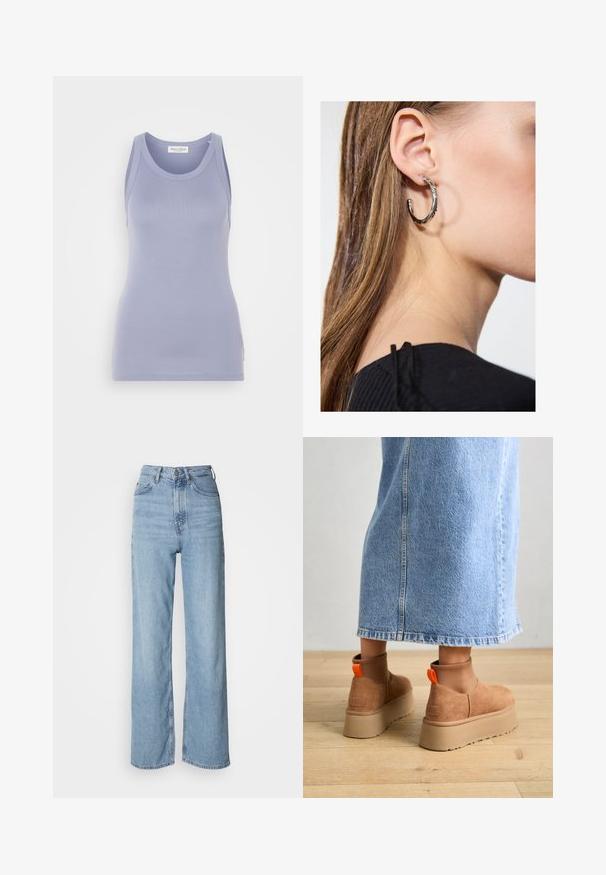 Olivově zelený, polstrovaný dlouhý kabát s prostornou kapucí, šňůrkami a dvěma bočními kapsami. Hladká textura, rovný střih a zaoblený lem.; Světle fialový tílko s přiléhavým designem, vyrobené z hladkého pleteného materiálu. Má kulatý výstřih a široká ramínka, minimální branding.; Světle modré džíny s vysokým pasem a rovnými nohavicemi, vyrobené z denimu, s předním zapínáním na knoflík a jemnými efekty opotřebení.; Hnědé semišové platformové boty s elastickými bočními panely a oranžovými poutky, spárované s sukní z jasného denimu ke kolenům na dřevěné podlaze.; Stříbrný kruhový náušník s lesklým povrchem, zdobený malými zlatými akcenty, v kulatém tvaru, nošený na lalůčku.