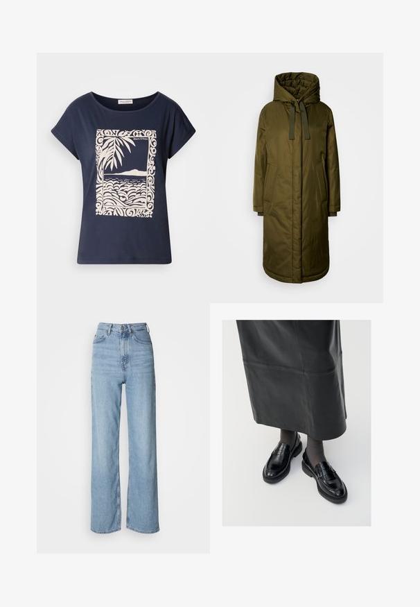 Olīvzaļš, pildīts garais mētelis ar plašu kapuci, auklām un divām sānu kabatām. Gluda tekstūra, taisns griezums un noapaļots apakšmalas dizains.; Jūras zilas kokvilnas T-krekls ar krēmkrāsas grafiku, kas attēlo viļņus un palmu lapas dekoratīvā apmalē. Gluda tekstūra, īsas piedurknes.; Gaiši zili augstā vidukļa džinsi ar taisnu kāju, izgatavoti no denima, ar priekšējo pogu aizdari un smalkām izbalēšanas detaļām.; Melni ādas loafers ar gludu apdari, ar dekoratīvu jostu, apaļu pirkstu un teksturētu zoli. Valkāti ar garu melnu ādas svārku.